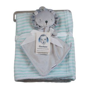 Gerber Lion Baby Blanket Security Lovey Set Gray Teal Striped Fleece NWT RARE